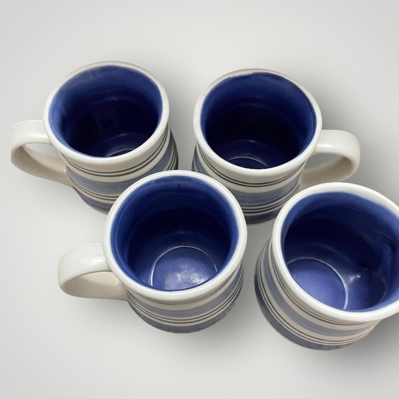 Pfaltzgraff Stoneware Striped Mugs Set 4 Blue White Rustic Farmhouse Coffee Cups - Picture 2 of 7